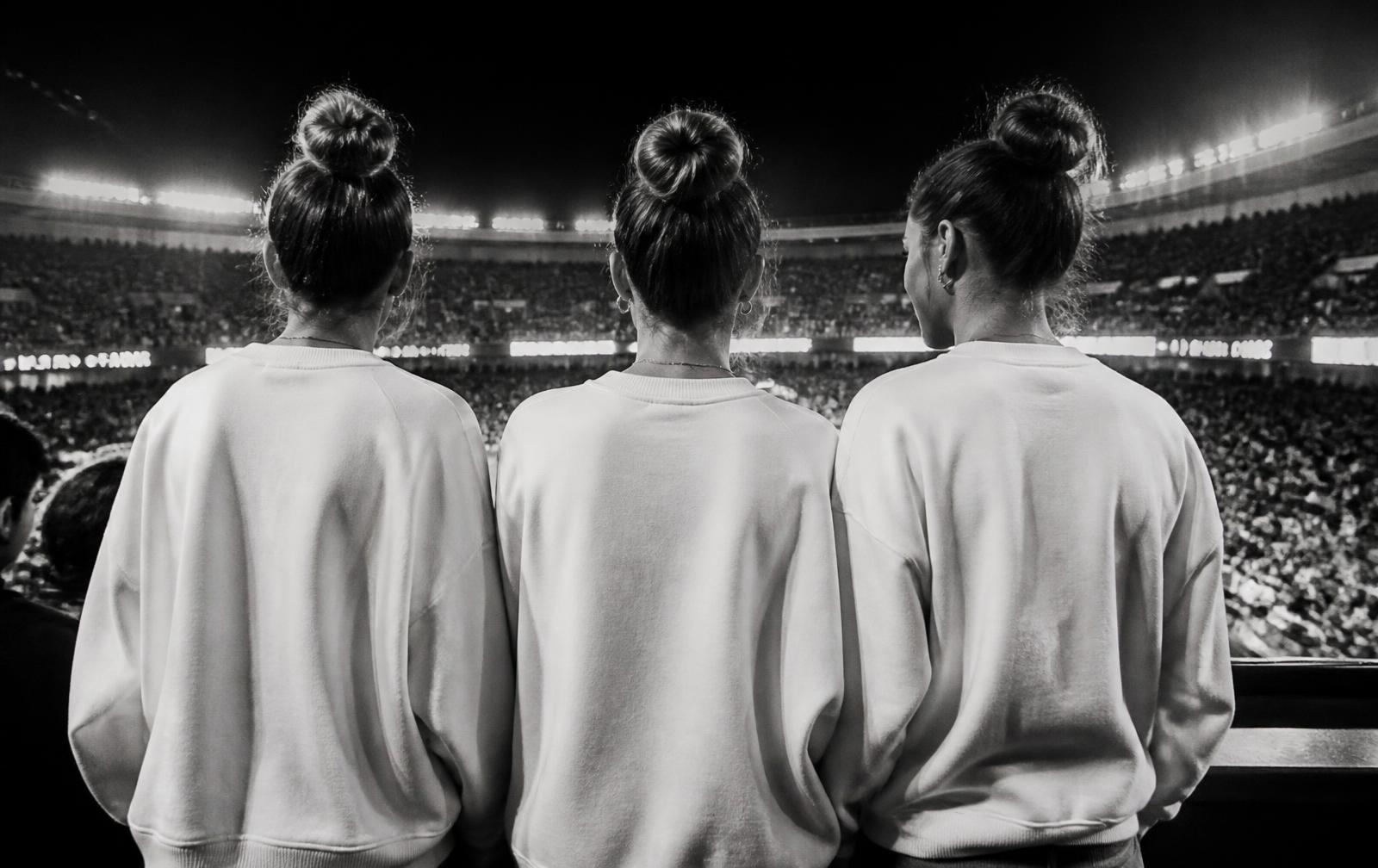 Friends watching a game together in a packed stadium
